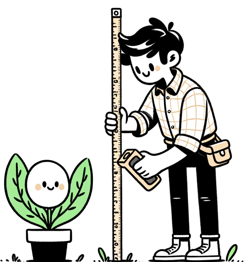 A person holding up a ruler to measure a plant.